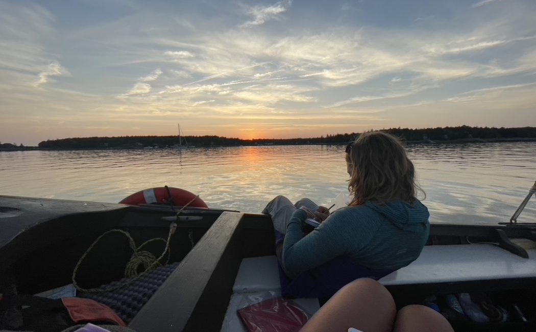 woman journaling on a boat at sunset with her back to the camera